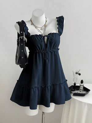Navy Blue with Ruffled Square Neck Tie-front Mini Dress in Navy Blue