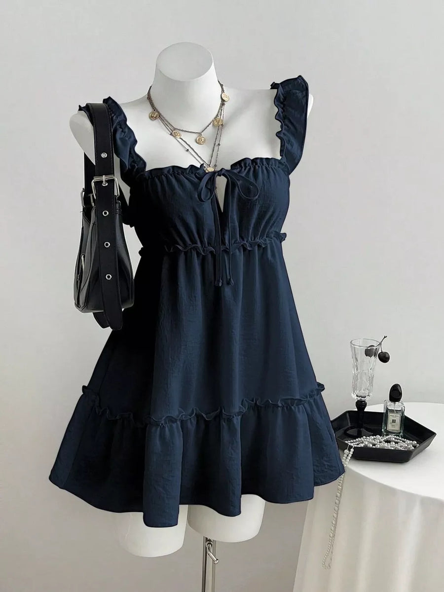Navy Blue with Ruffled Square Neck Tie-front Mini Dress in Navy Blue