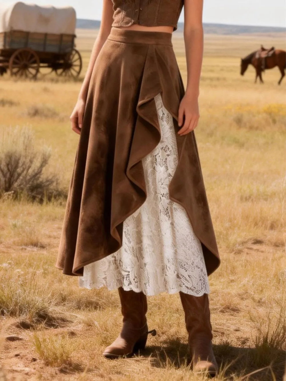 Brown asymmetrical midi skirt with ruffled overlay and white lace underskirt
