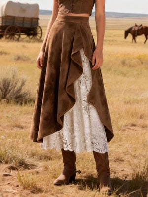 Brown asymmetrical midi skirt with ruffled overlay and white lace underskirt