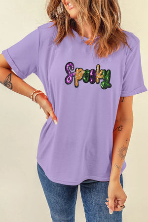 lavender t-shirt with sequin embellishment and short sleeve