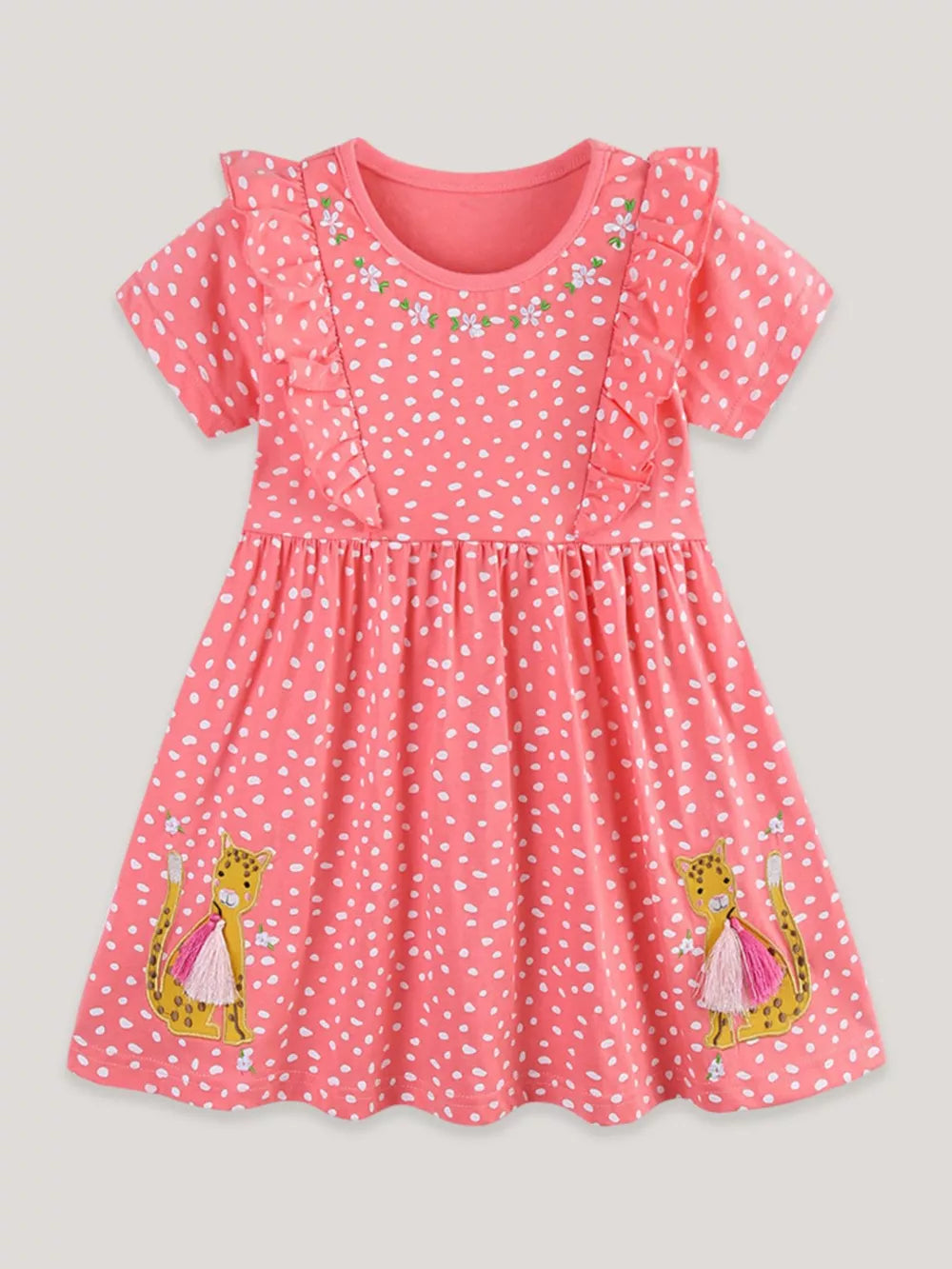 Coral polka dot cotton dress with ruffled sleeves, floral embroidery, and leopard appliques.