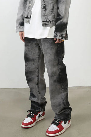 Charcoal wash denim jeans with a straight leg cut and a baggy fit.