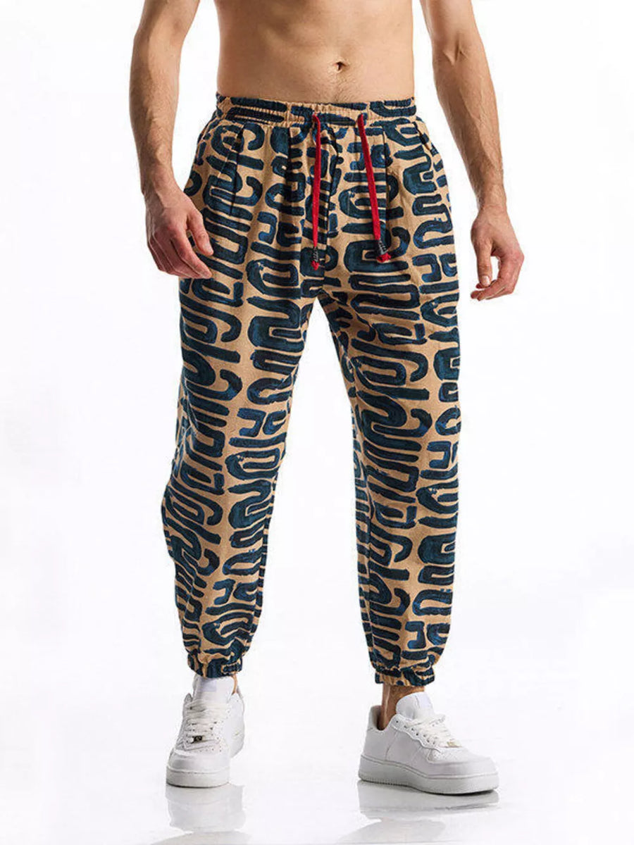 Men's Full Size Printed Drawstring Casual Pants in Cerulean