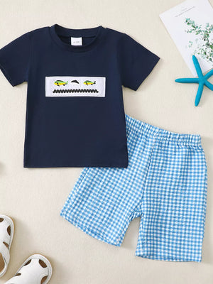 Navy tee with embroidered fish and blue gingham shorts set