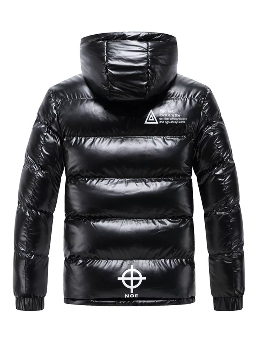 Black puffer jacket with hood and white graphic details on back.