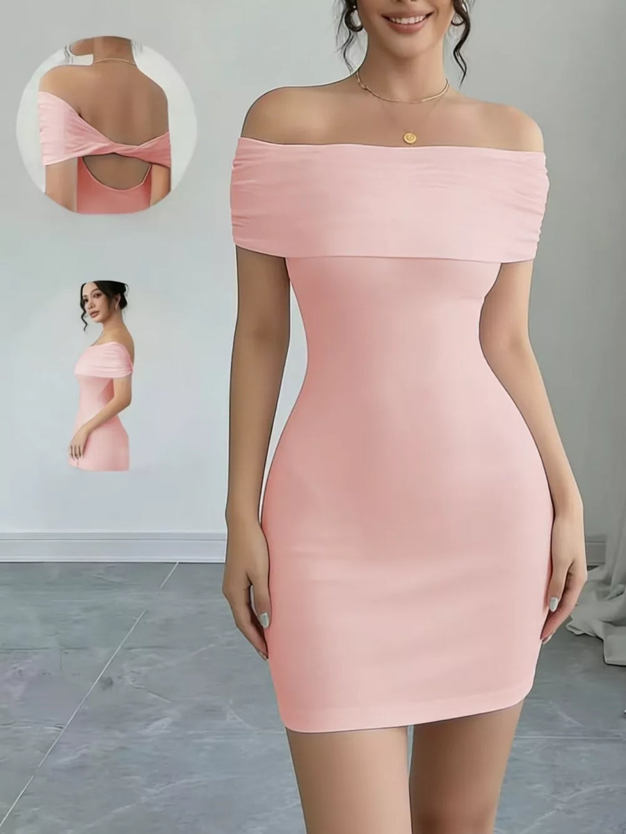 Pink off the shoulder bodycon mini dress with draped neckline and back detail