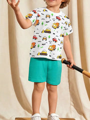 Toddler boys' white cotton tee with vehicle print and teal shorts set.