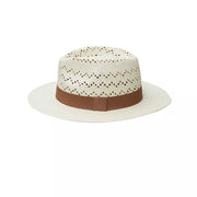 Straw boater hat in white with brown ribbon and perforated crown detail.