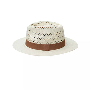 Straw boater hat in white with brown ribbon and perforated crown detail.