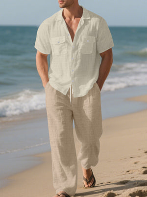 Light Blue Men's Casual Button-up Shirt And Pants Set Plus Size