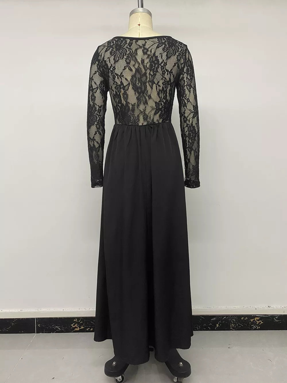 maxi dress in black with lace and maxi