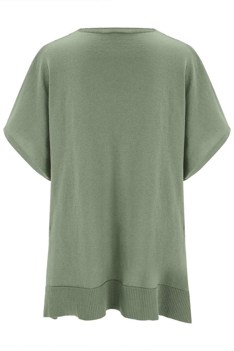 Sage green relaxed V-neck knit poncho top with short sleeves and ribbed hem.