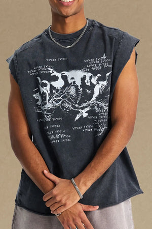 Washed black graphic sleeveless tee with raw edges and distressed print.