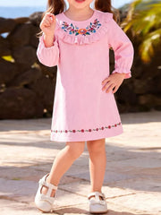 light pink A-line dress with floral and round neck