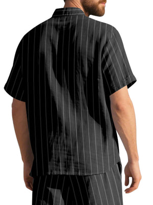 Black striped cotton camp collar shirt with short sleeves.