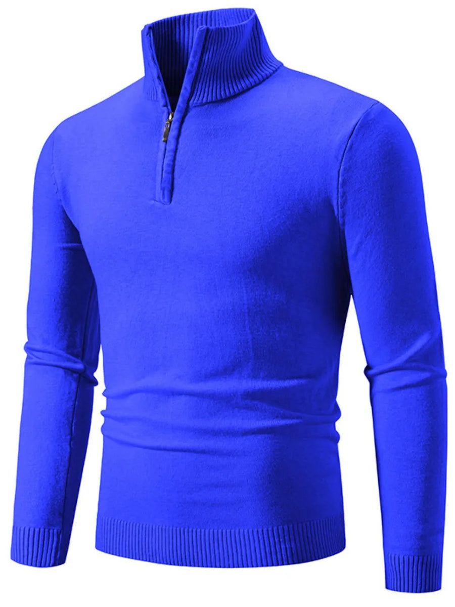Slim fit royal blue quarter zip sweater with ribbed collar, cuffs, and hem.