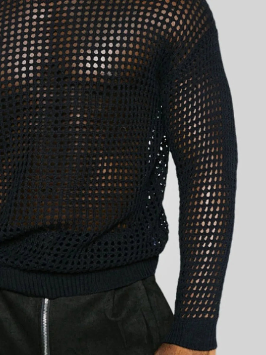 Black open-knit crewneck sweater with ribbed cuffs and hem
