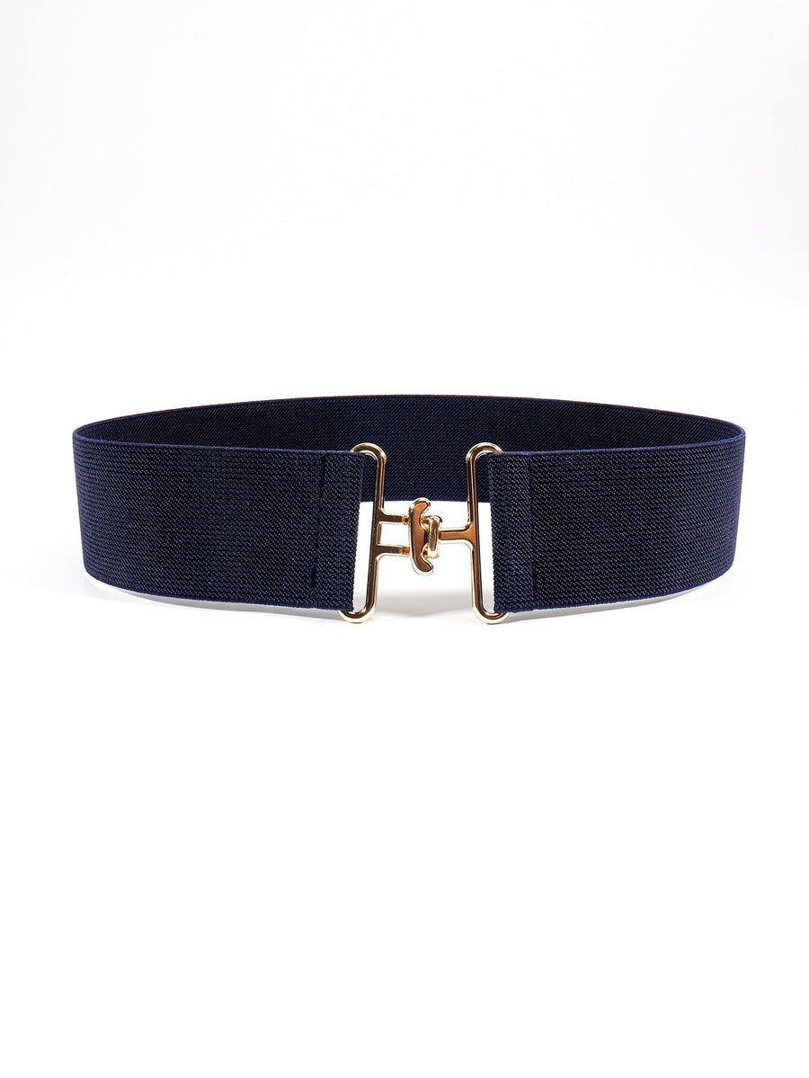 Dark blue elastic belt with a gold sculpted buckle.