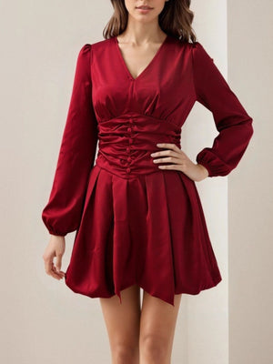 mini dress in burgundy featuring ruched and fit-and-flare fit