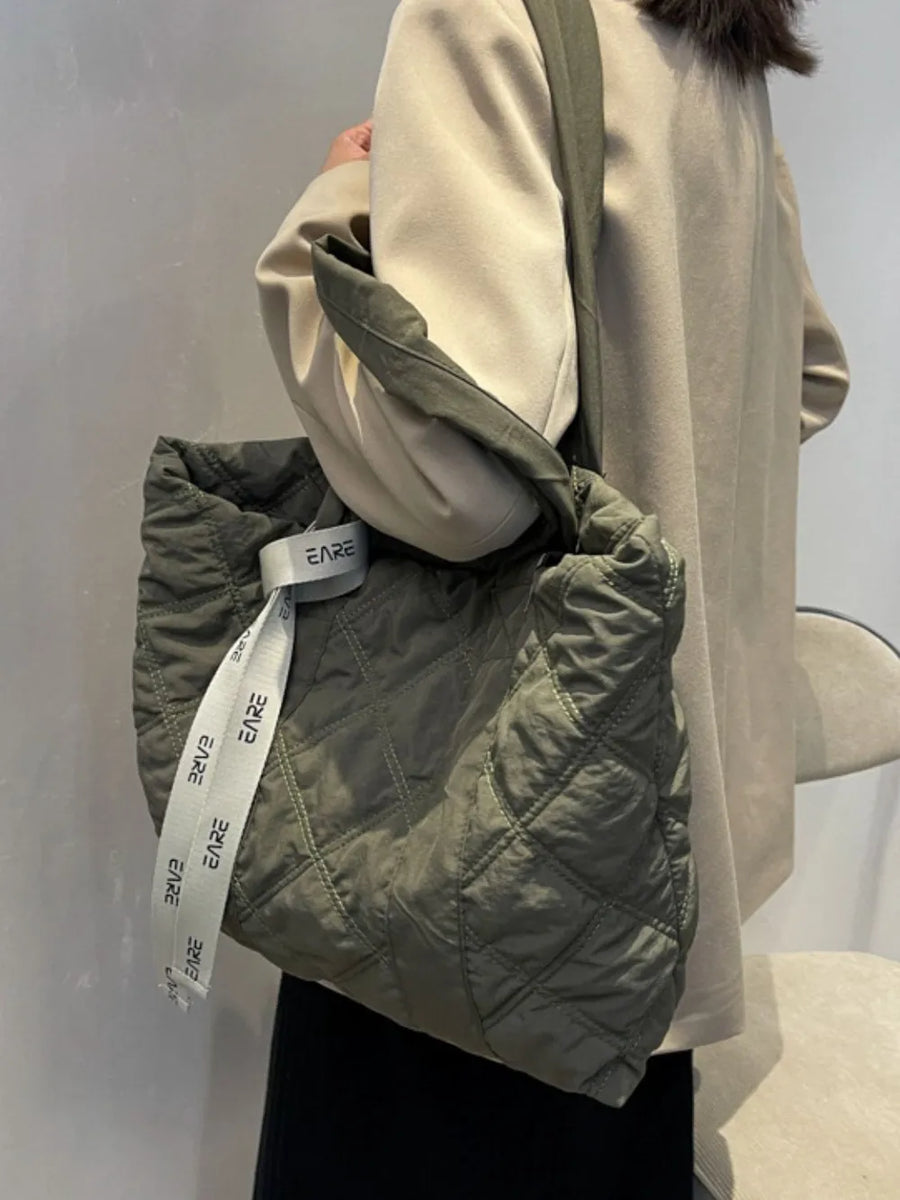 Moss diamond quilt nylon tote with logo strap detail