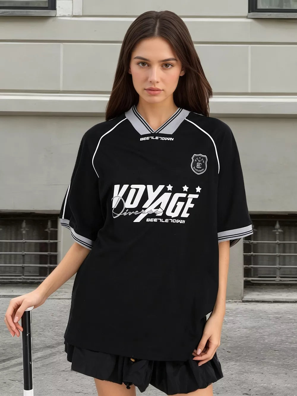 black t-shirt with graphic and v-neck
