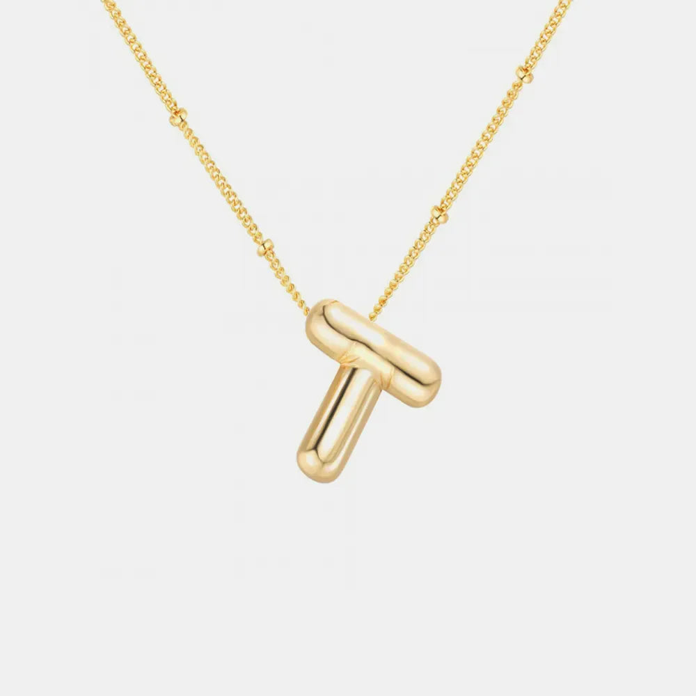 Gold initial T pendant necklace with beaded chain