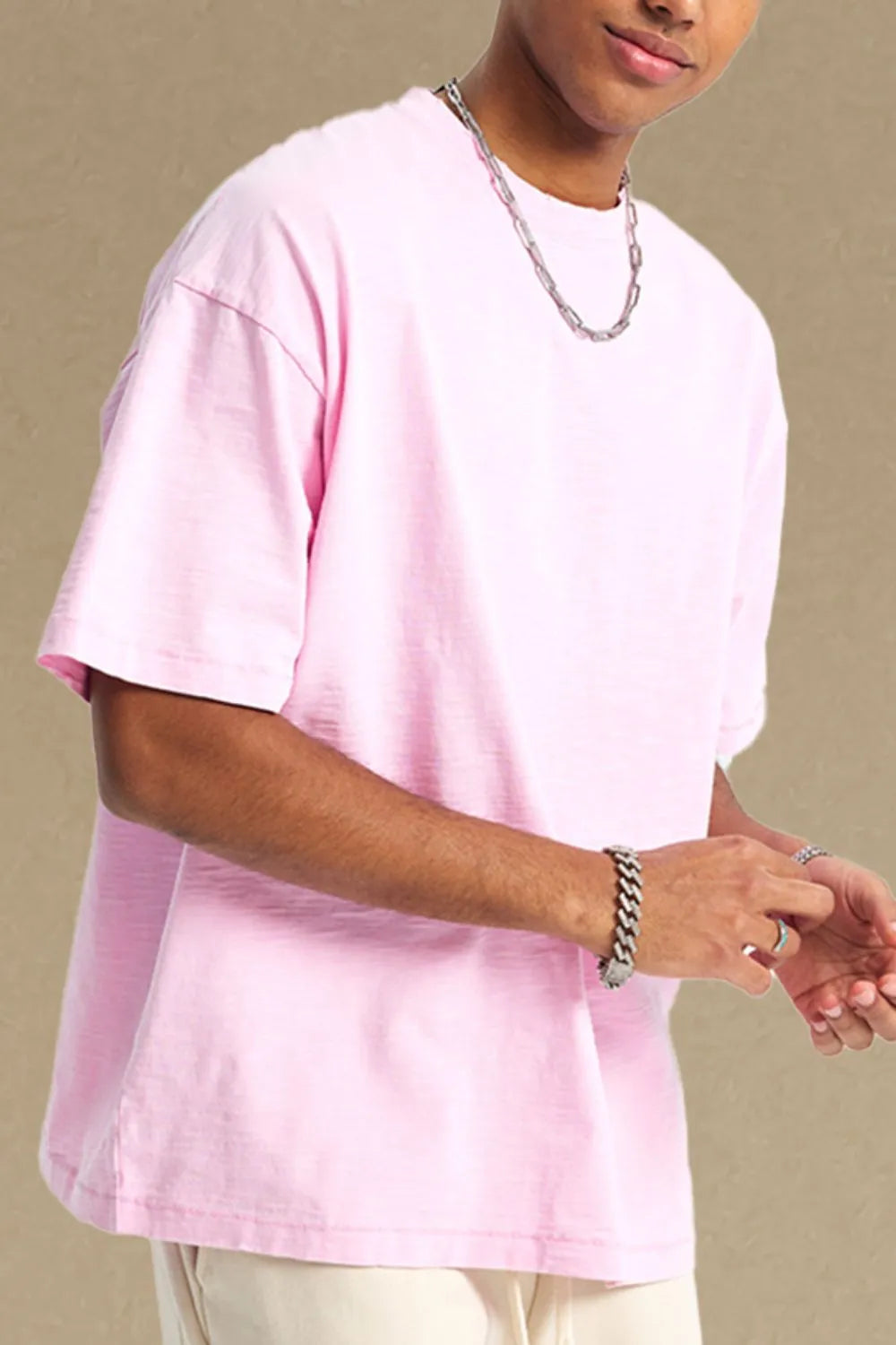 Essential Elevated Tee for Him in Blush Pink, a casual crewneck t-shirt with short sleeves.