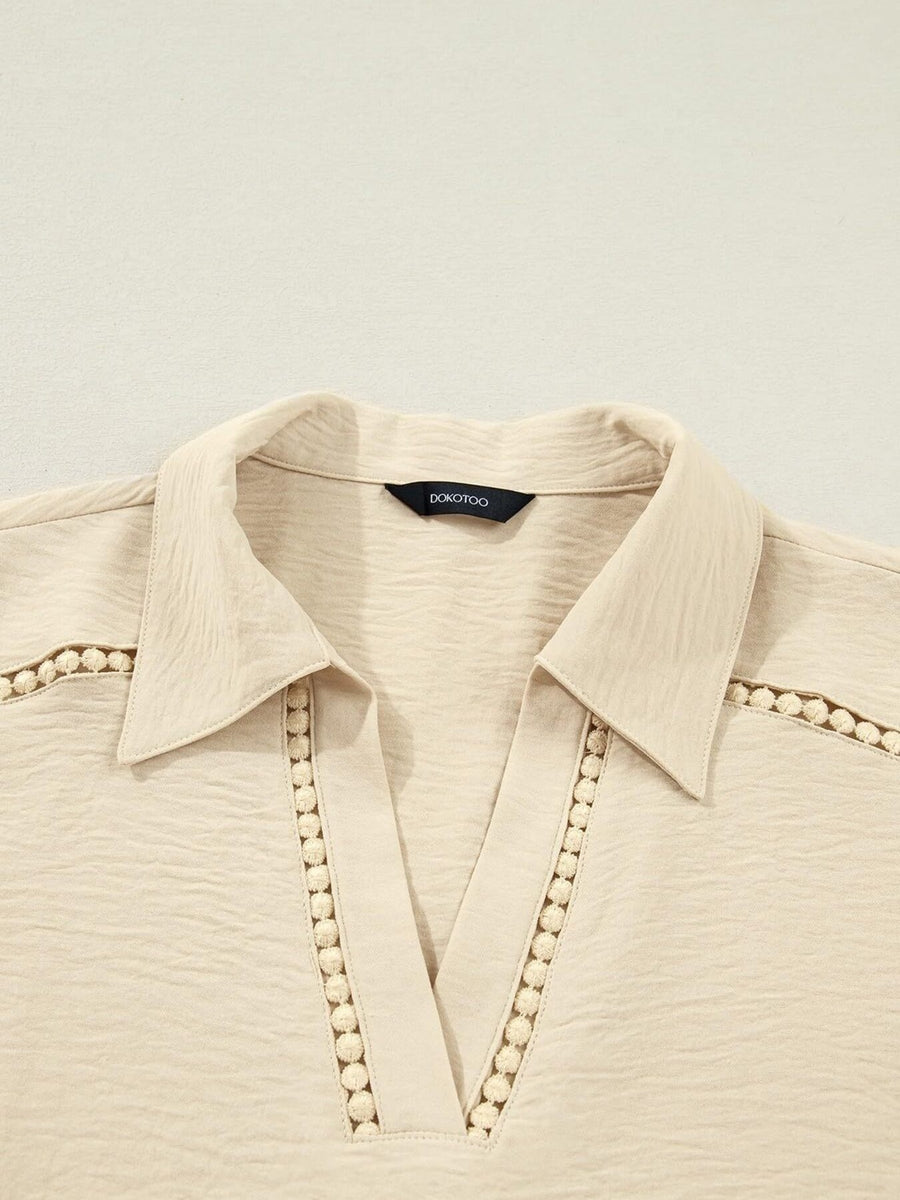 Apricot crinkled texture shirt with Johnny collar and pom-pom trim detail