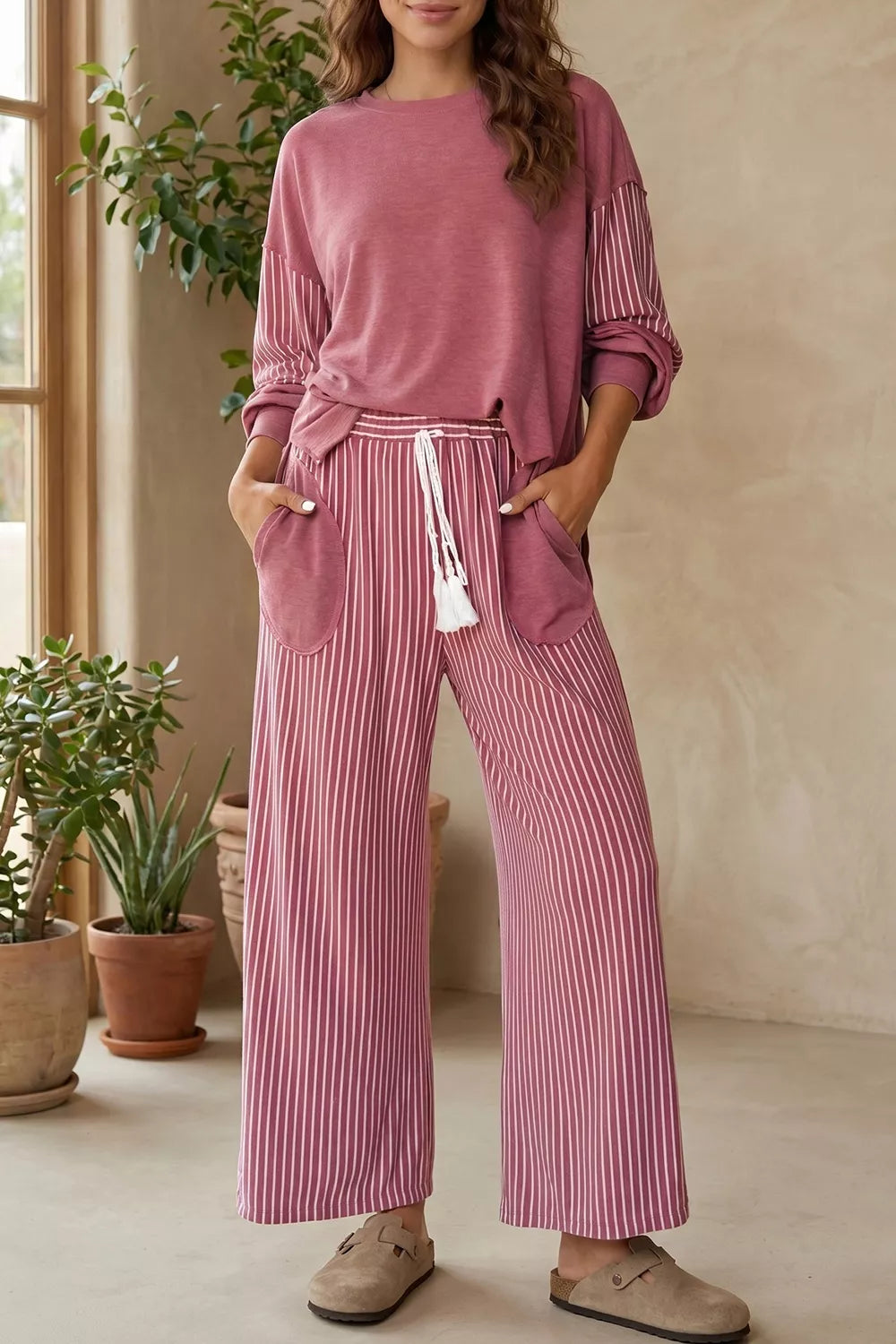 Edge Patchwork Long Sleeve Top & Casual Pants Set in Cerise