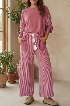 Edge Patchwork Long Sleeve Top & Casual Pants Set in Cerise