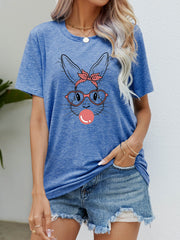 Misty Blue t-shirt with a graphic bunny wearing a bandana, glasses, and blowing bubblegum.