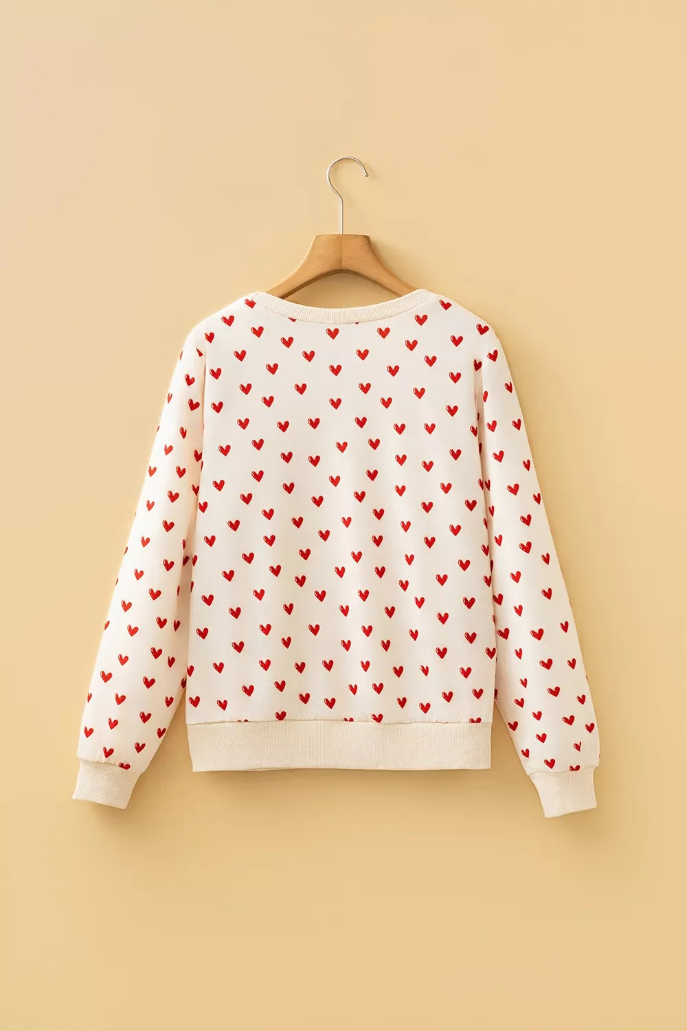 Cream with Heart Print Round Neck Long Sleeve Sweatshirt