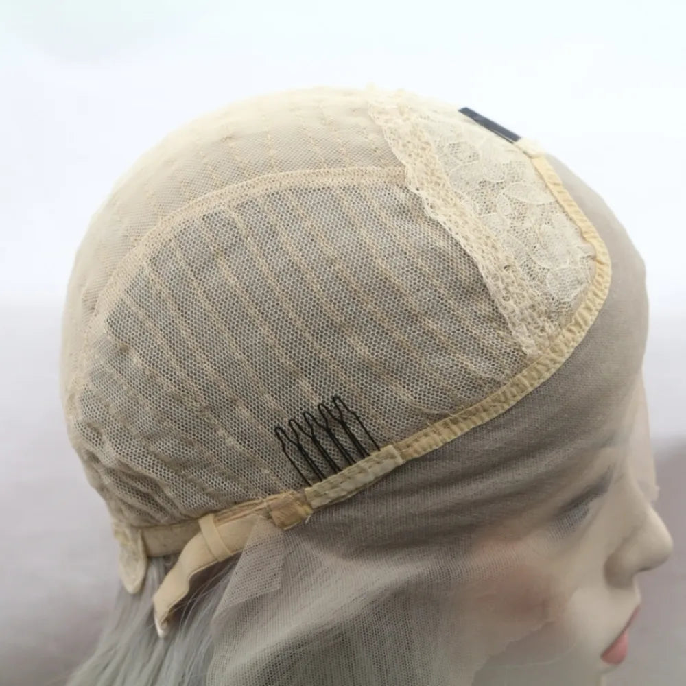 Lace front wig cap construction with combs and adjustable straps, showing mesh and lace details.