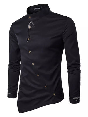 Navy button-down shirt with mandarin collar and long sleeve