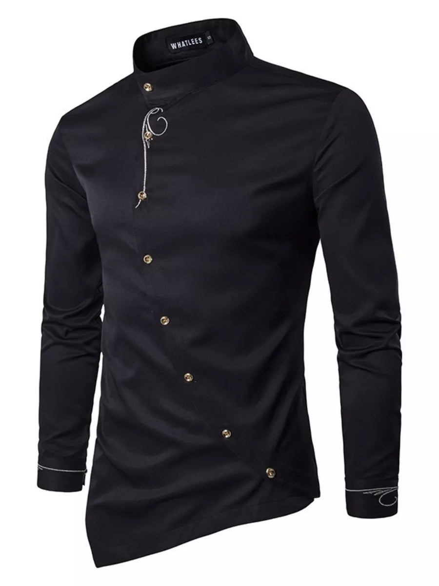 Navy button-down shirt with mandarin collar and long sleeve
