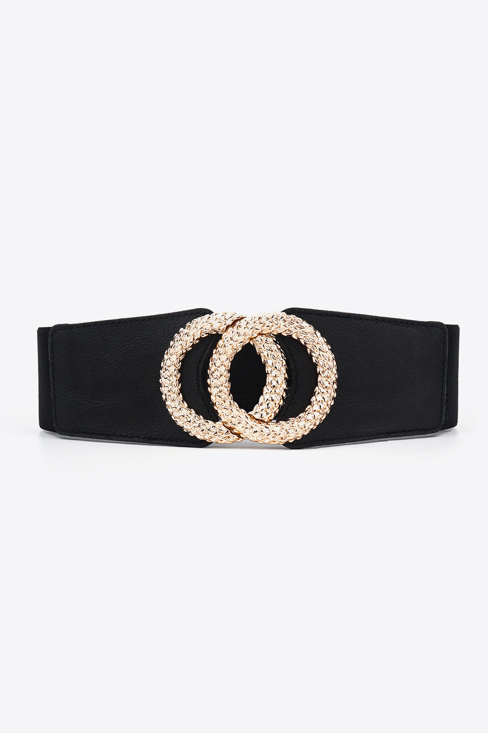Black elasticated waist belt with textured gold double ring buckle.