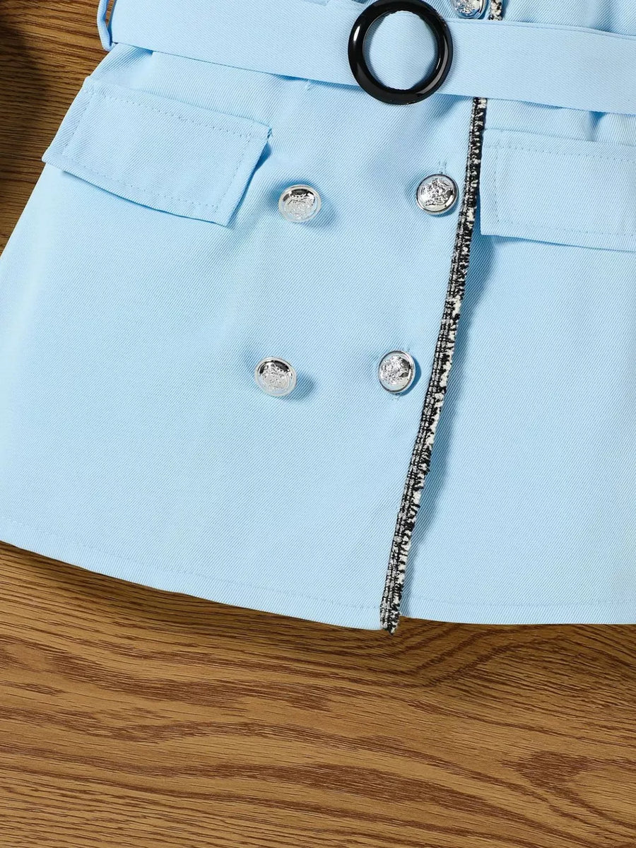 Sky blue toddler dress with double-breasted buttons, belted waist, and decorative trim.