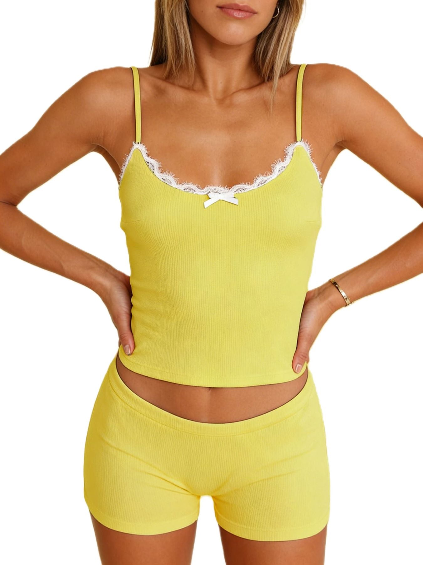Chartreuse cami and shorts set with white lace trim and a small bow detail