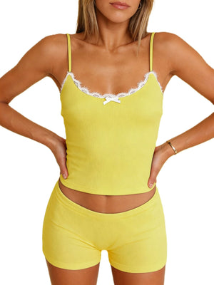 Chartreuse cami and shorts set with white lace trim and a small bow detail