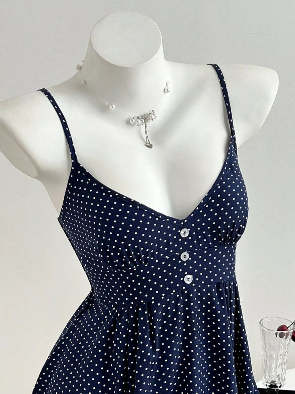 Polka Dot Peplum Cami in Navy