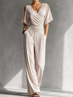 jumpsuit in beige featuring ruched and relaxed fit