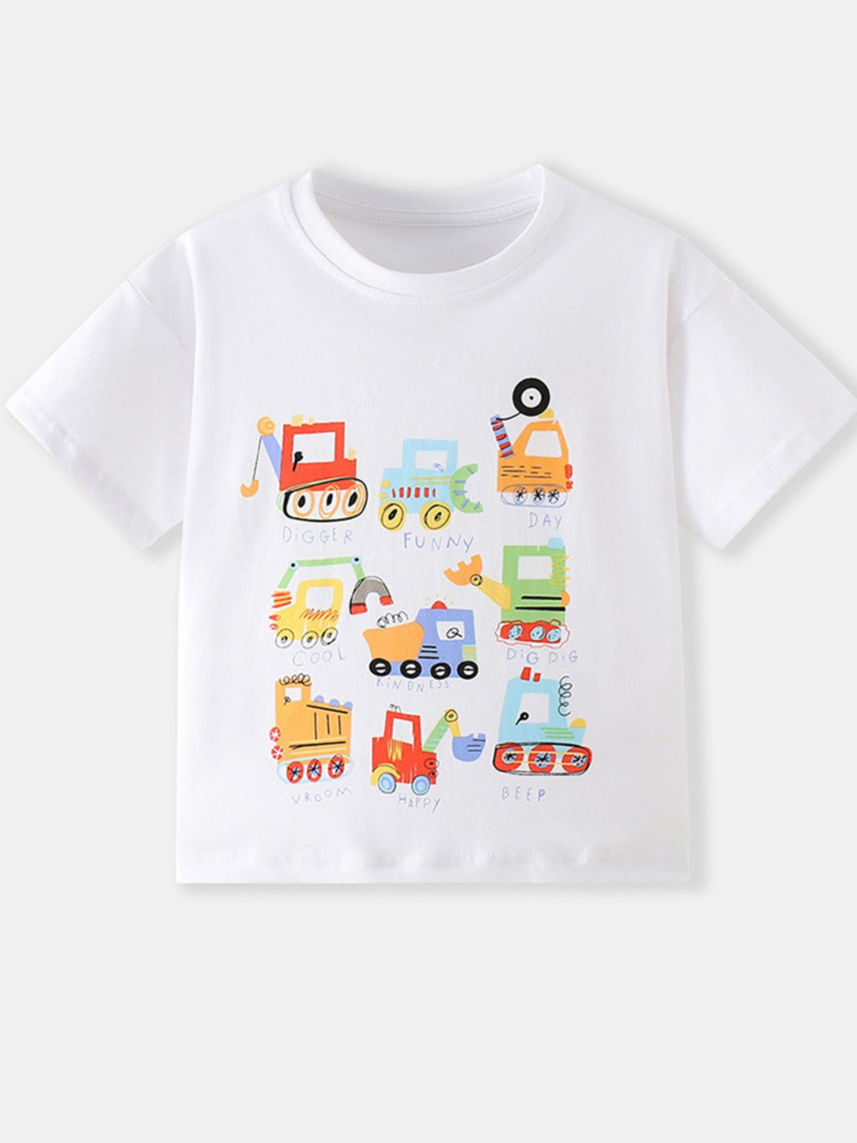 White cotton toddler t-shirt with colorful cartoon construction vehicles and text print.