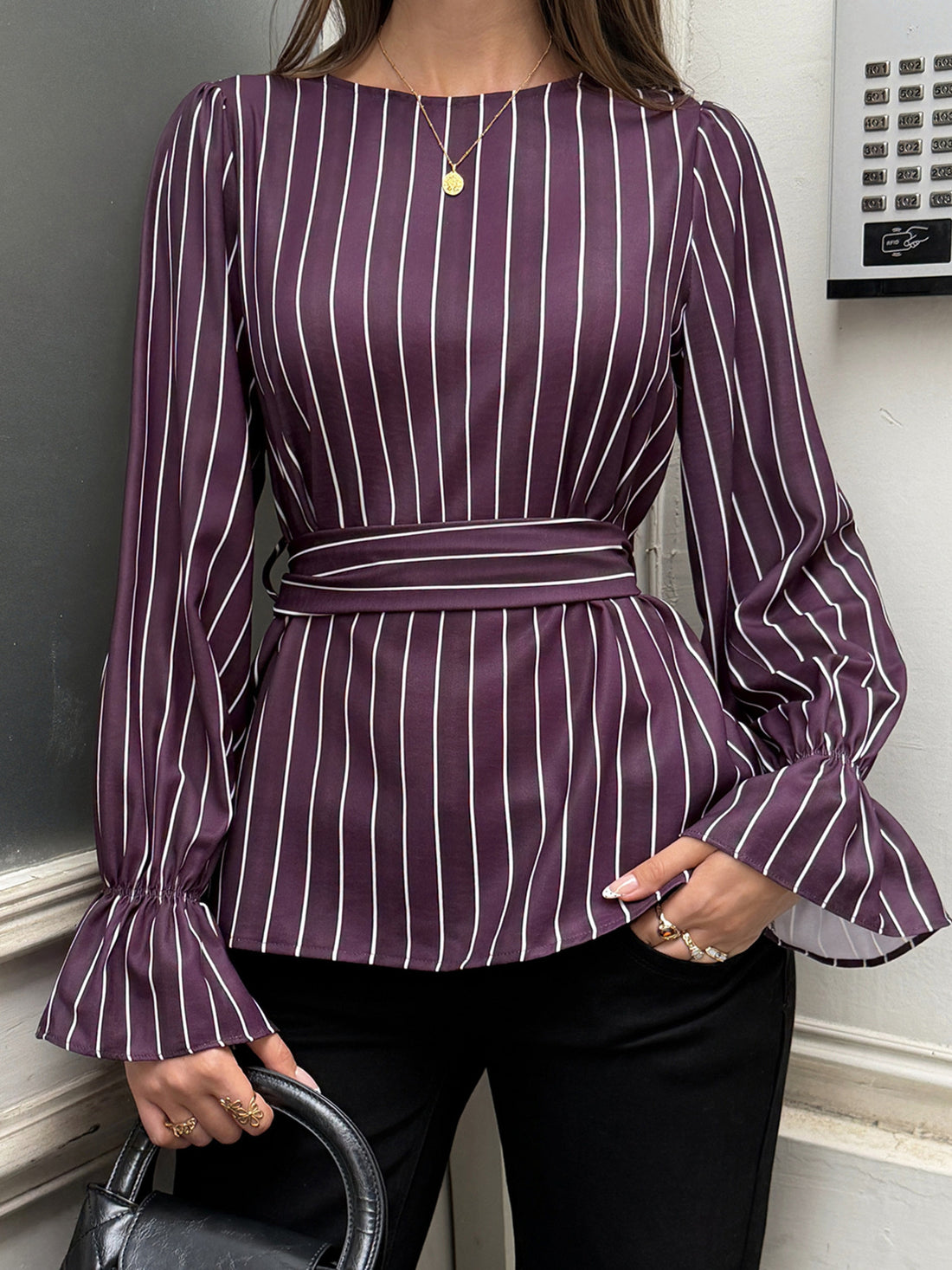 dark purple blouse with striped and boat neck