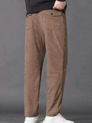Men's khaki corduroy joggers with back patch pockets and drawstring waist.