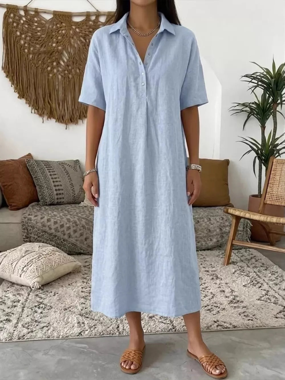 Green Full Size Button Detail Half Sleeve Dress Plus Size