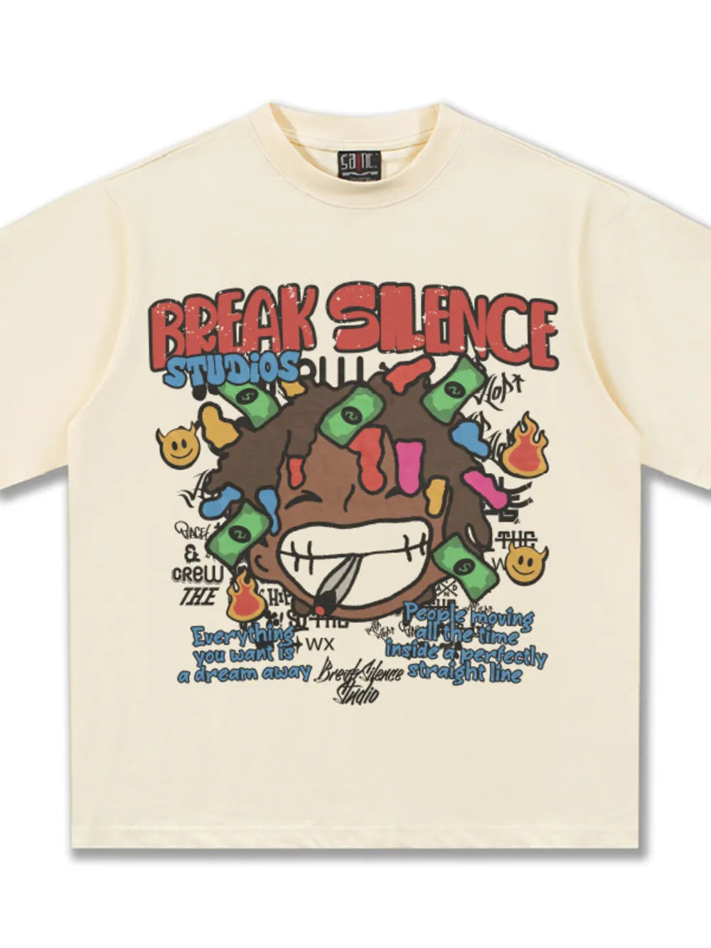 Cream cotton blend graphic tee with bold print and relaxed fit