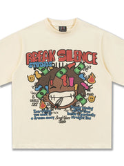 Cream cotton blend graphic tee with bold print and relaxed fit