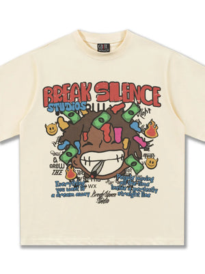 Cream cotton blend graphic tee with bold print and relaxed fit