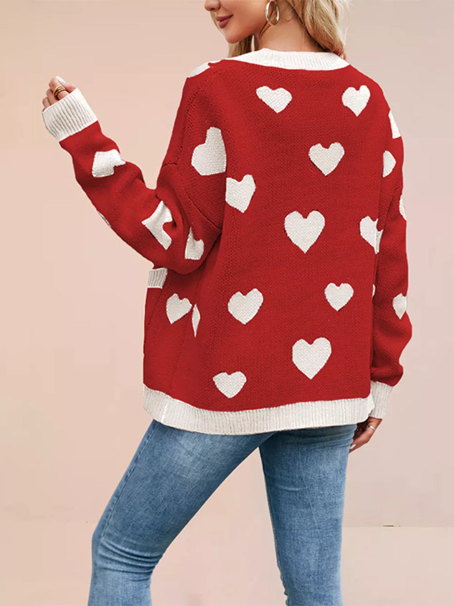 cardigan in Red with heart-print and buttoned